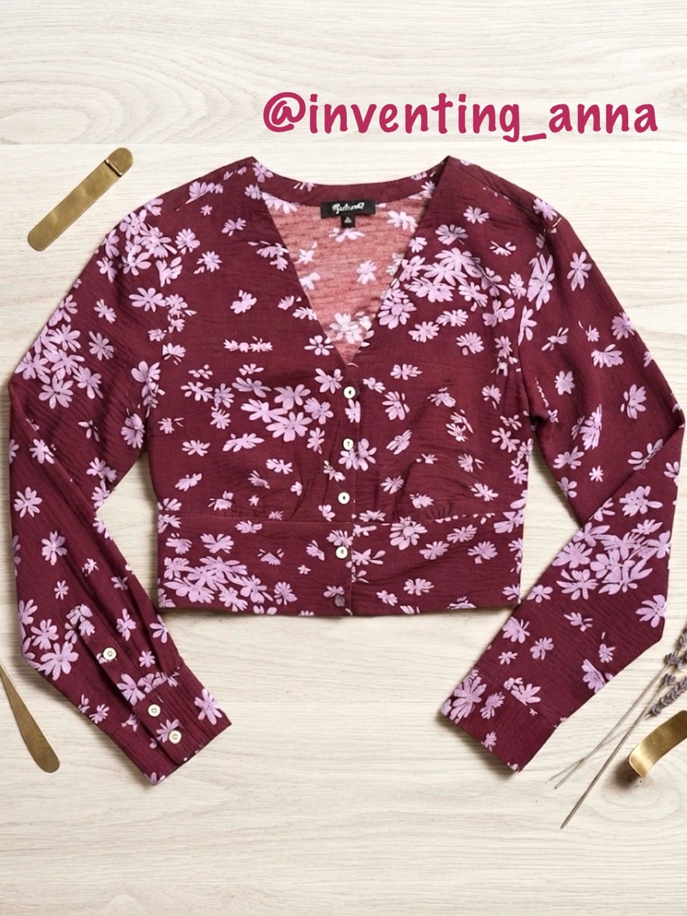 MADEWELL Floral Burgundy and Lavender Button Up Long Sleeve Crop Top size XS